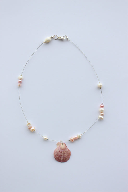 Floating Pearl Necklace - Pink Scallop